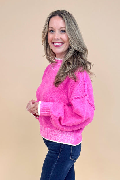For The Record hot pink mock neck sweater - side model shot