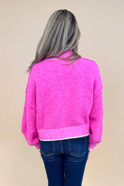 For The Record hot pink mock neck sweater - back model shot