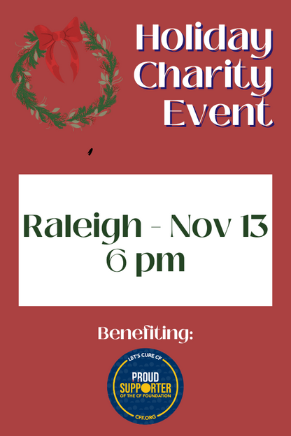 Advertisement for a holiday charity event in Raleigh on November 13th at 6 pm, featuring a wreath graphic and a logo.
