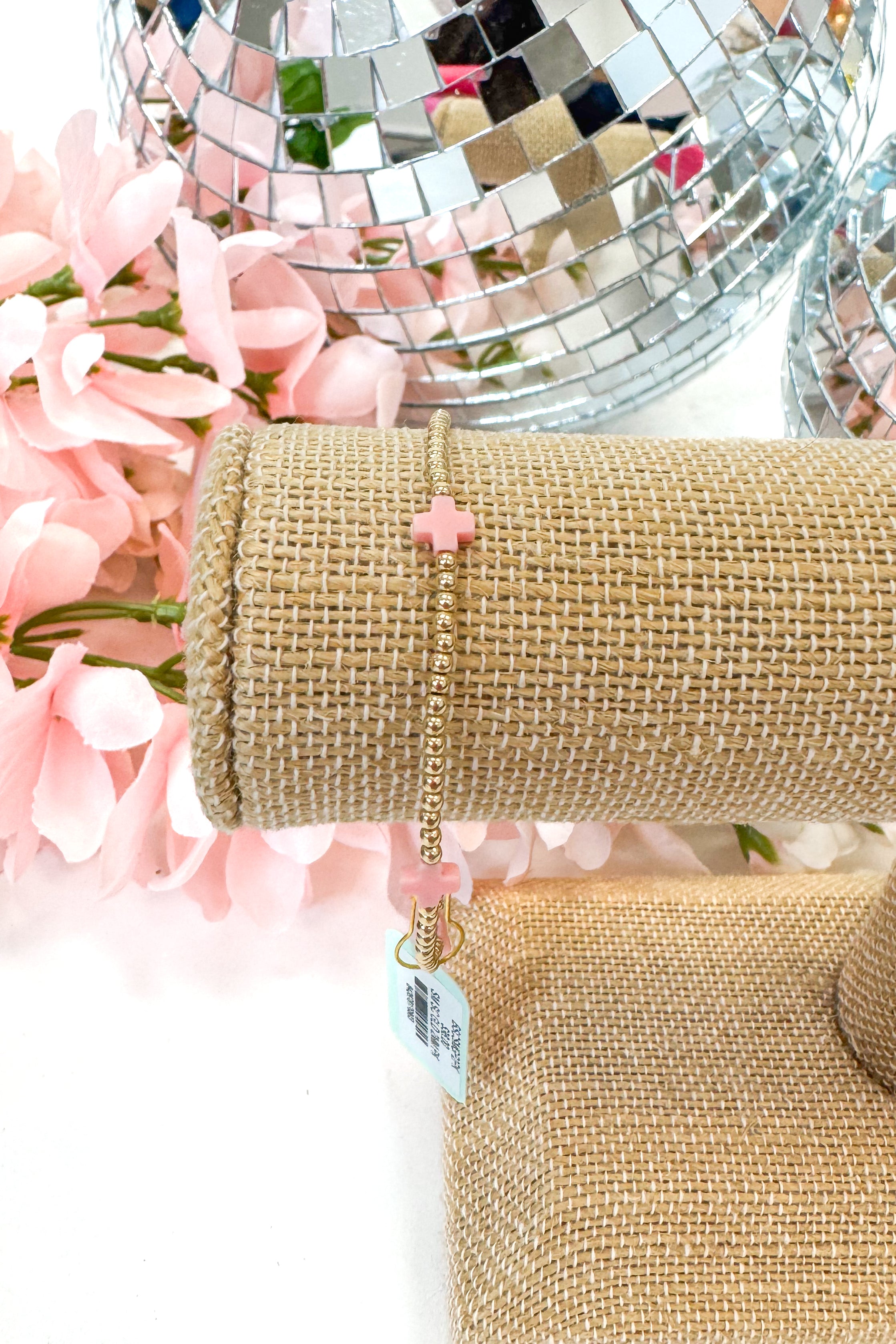 Signature Cross Pink/Gold Pattern 2mm Bead Bracelet by e newton
