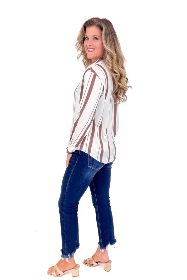 Chasing Fall Brown &amp; Cream Striped Satin Top