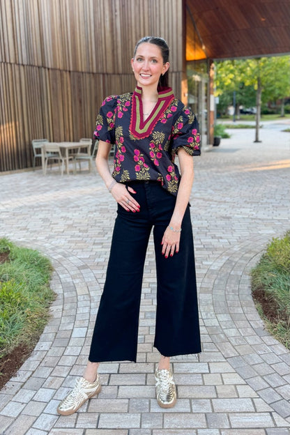 Run The Show Black Floral Print With Olive &amp; Burgundy Lined Top by Entro