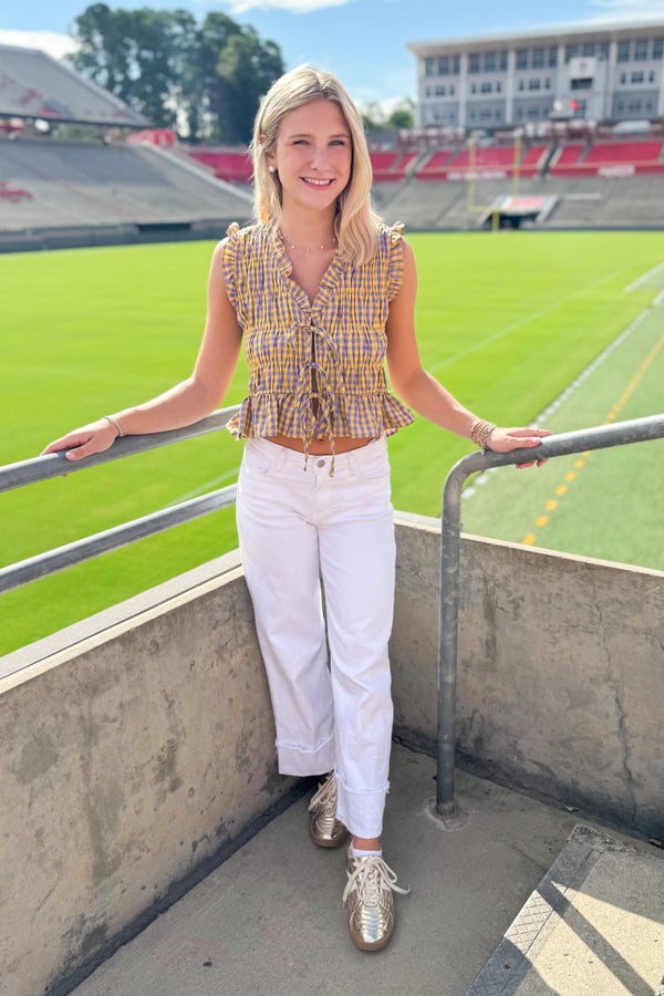 Championship Drive Yellow & Purple Gingham Smocked Top