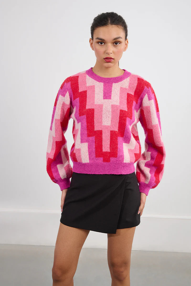 Just Because Fuchsia Multi Zig Zag Print Sweater