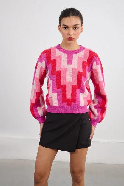 Just Because Fuchsia Multi Zig Zag Print Sweater