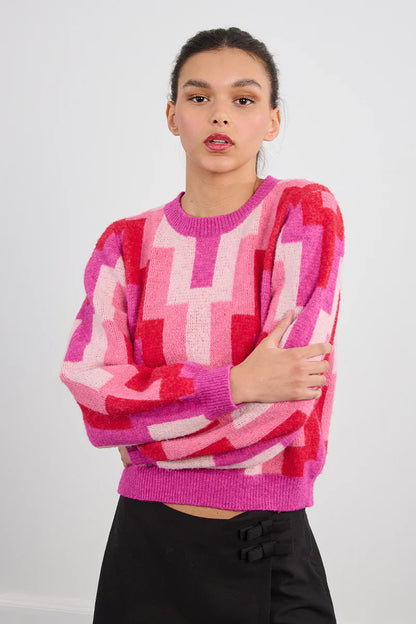 Just Because Fuchsia Multi Zig Zag Print Sweater