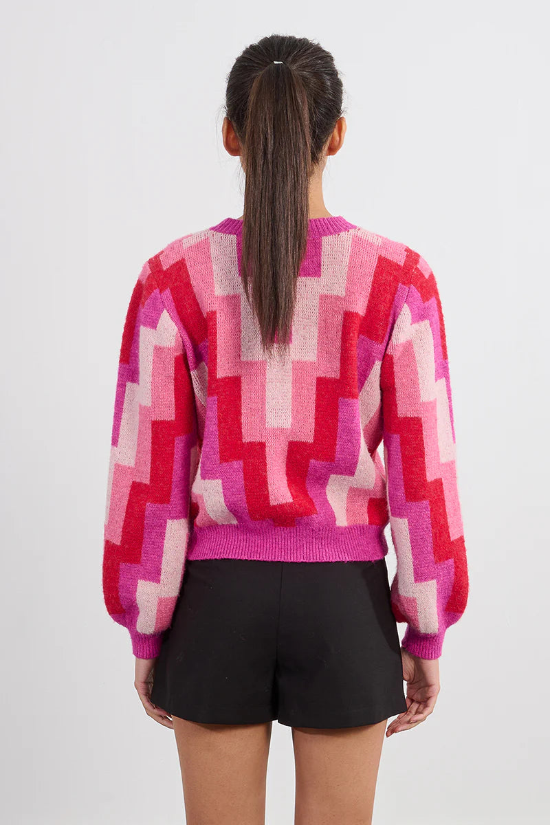 Just Because Fuchsia Multi Zig Zag Print Sweater