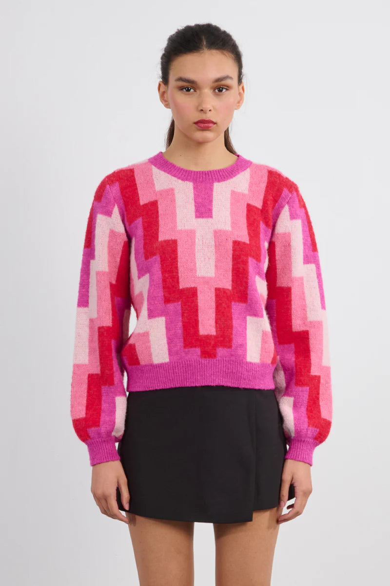 Just Because Fuchsia Multi Zig Zag Print Sweater