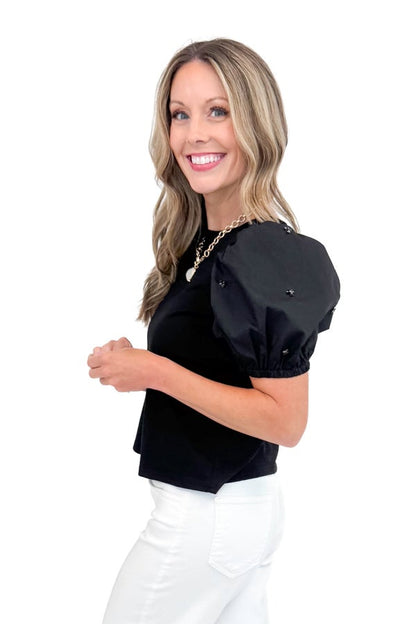 Royal Flush Black Rhinestone Puff Sleeve Top