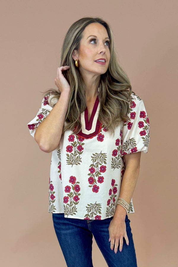 Little By Little Ecru Floral Print With Burgundy Lined Top by Entro