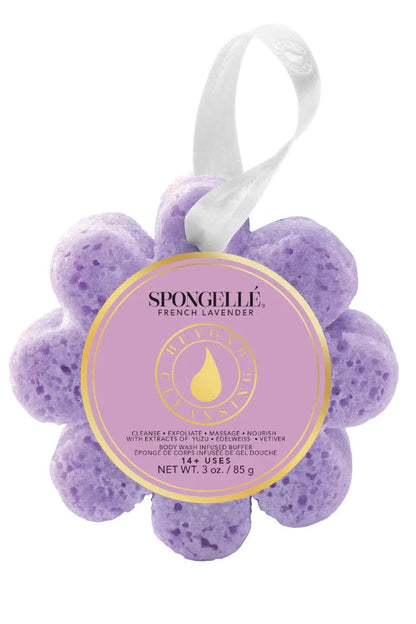 Purple Spongellé bath sponge with a white handle on a white background