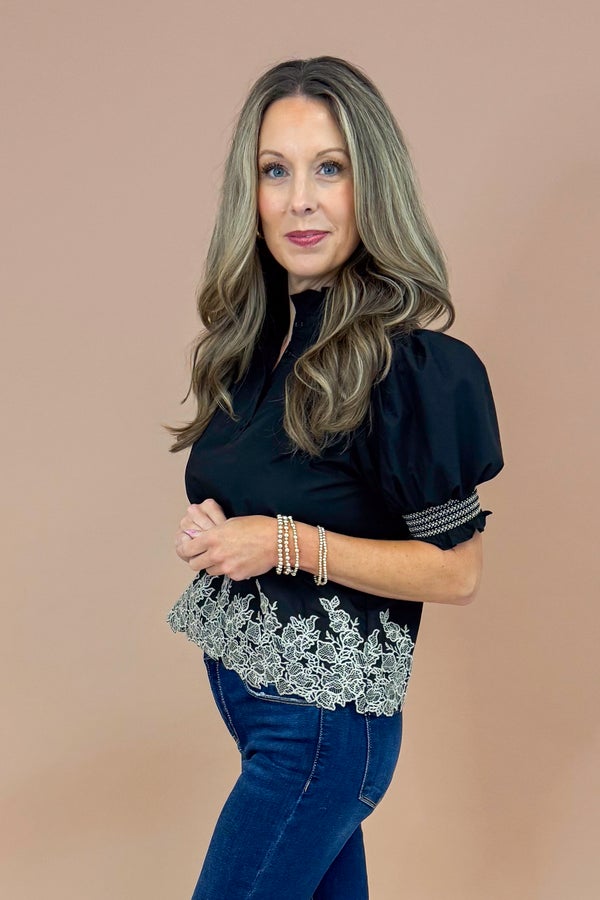One More Round Black With White Lace Detail Short Sleeve Top by Entro