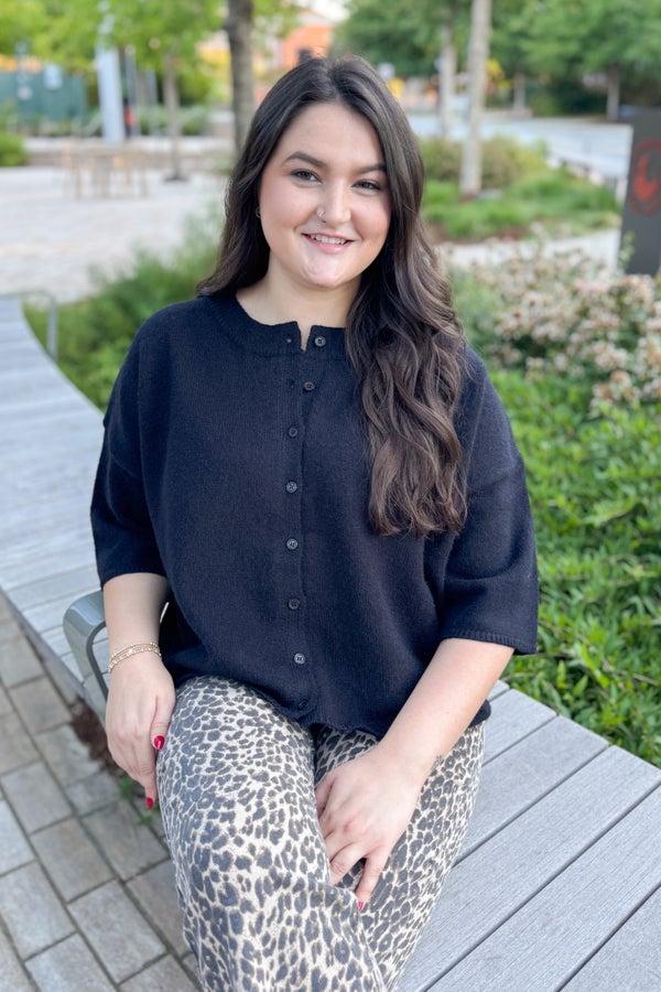 No Holding Back Black Button Up Short Sleeve Cardigan