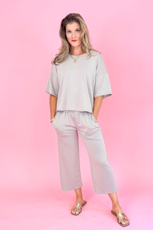 Off The Cuff Taupe Round Neck Short Sleeve Top