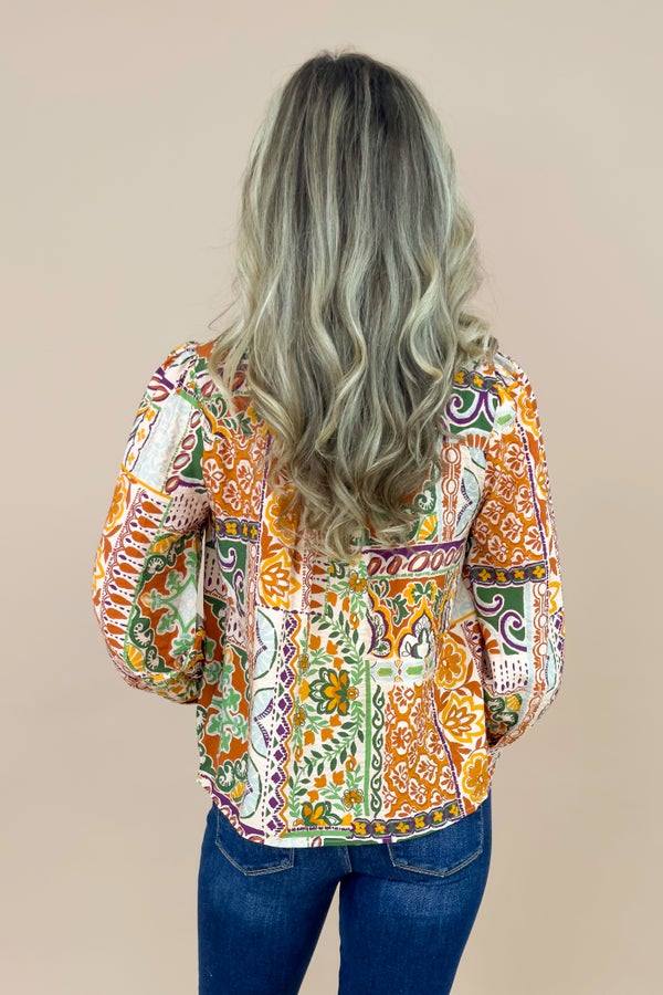 Travel Light Taupe, Rust &amp; Multi Printed V-neck Top