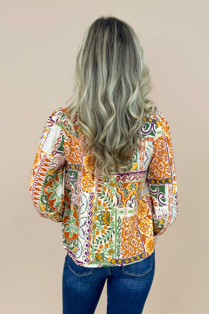 Travel Light Taupe, Rust &amp; Multi Printed V-neck Top