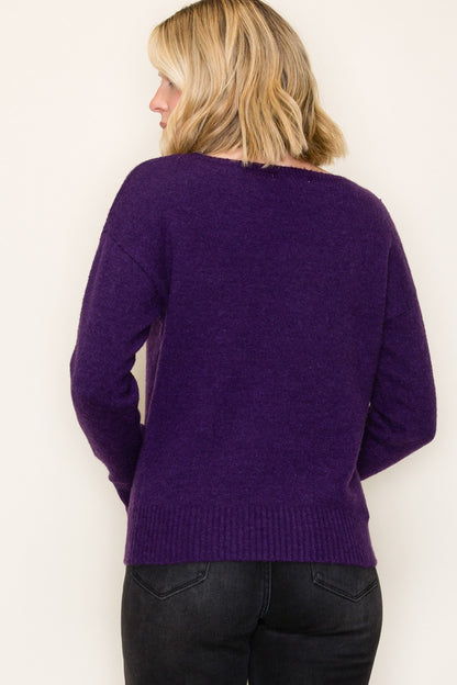 Don’t Wait Up Dark Purple Ribbed Hem Sweater