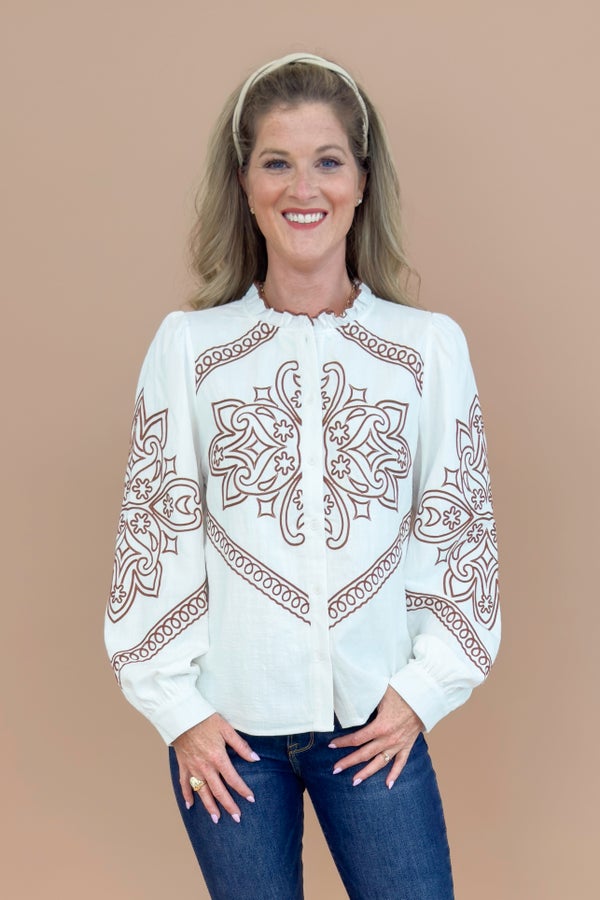Chai Time Ivory &amp; Brown Embroidered Detail Top