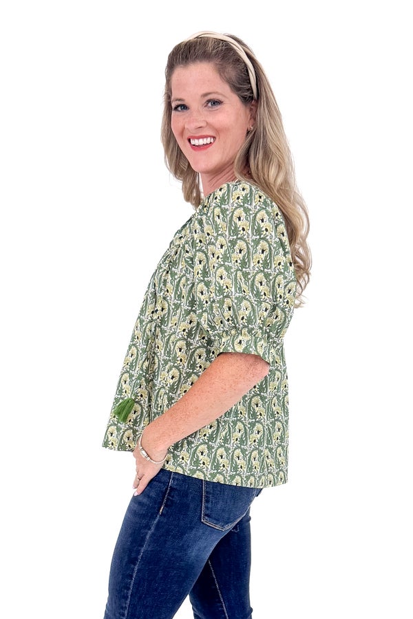 Olive Floral Printed V-neck Top