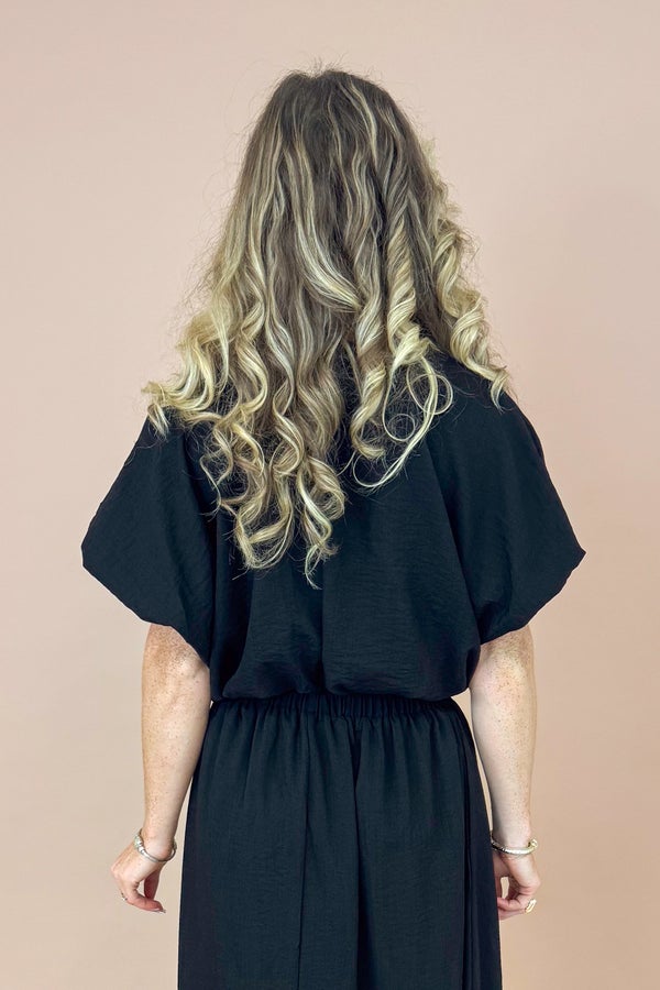 Jet Set Black V-neck Bubble Hem Top by Entro