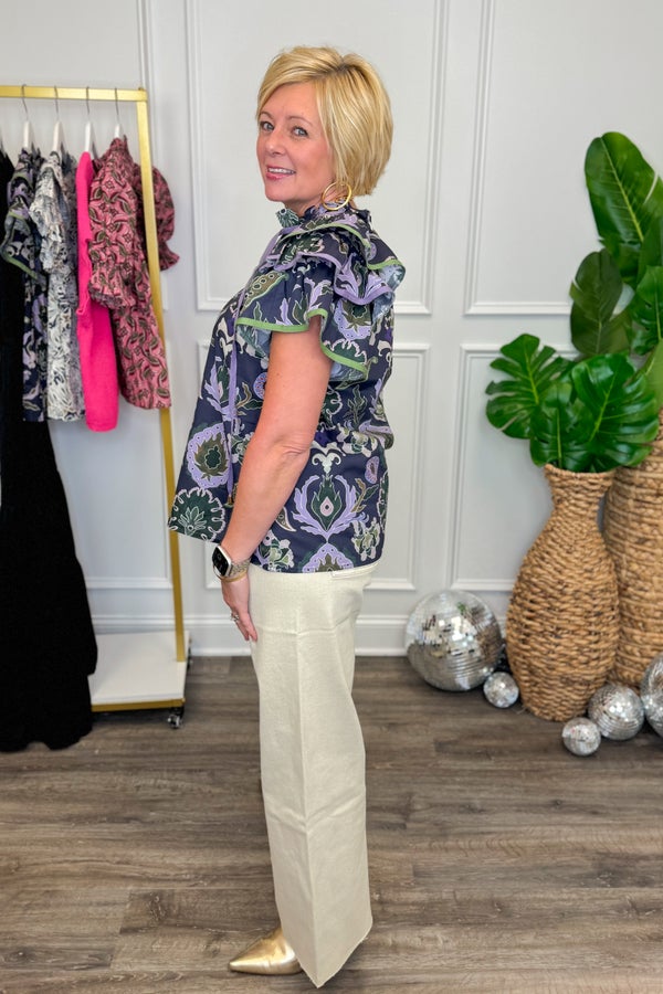 Purple &amp; Multi Printed Flutter Sleeve Top by Intro