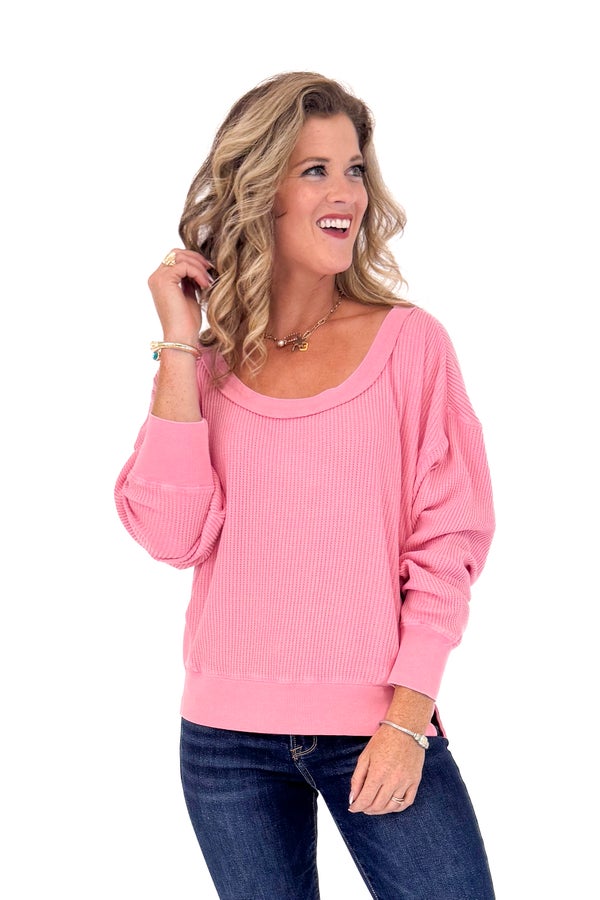 Falling Fast Washed Pink Round Neck Waffle Weave Top