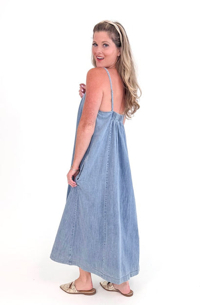 Echo In The Clouds Denim A-Line Maxi Dress
