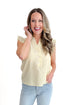 Front view of woman wearing Yellow Striped Flutter Sleeve Top with jeans against white studio background.