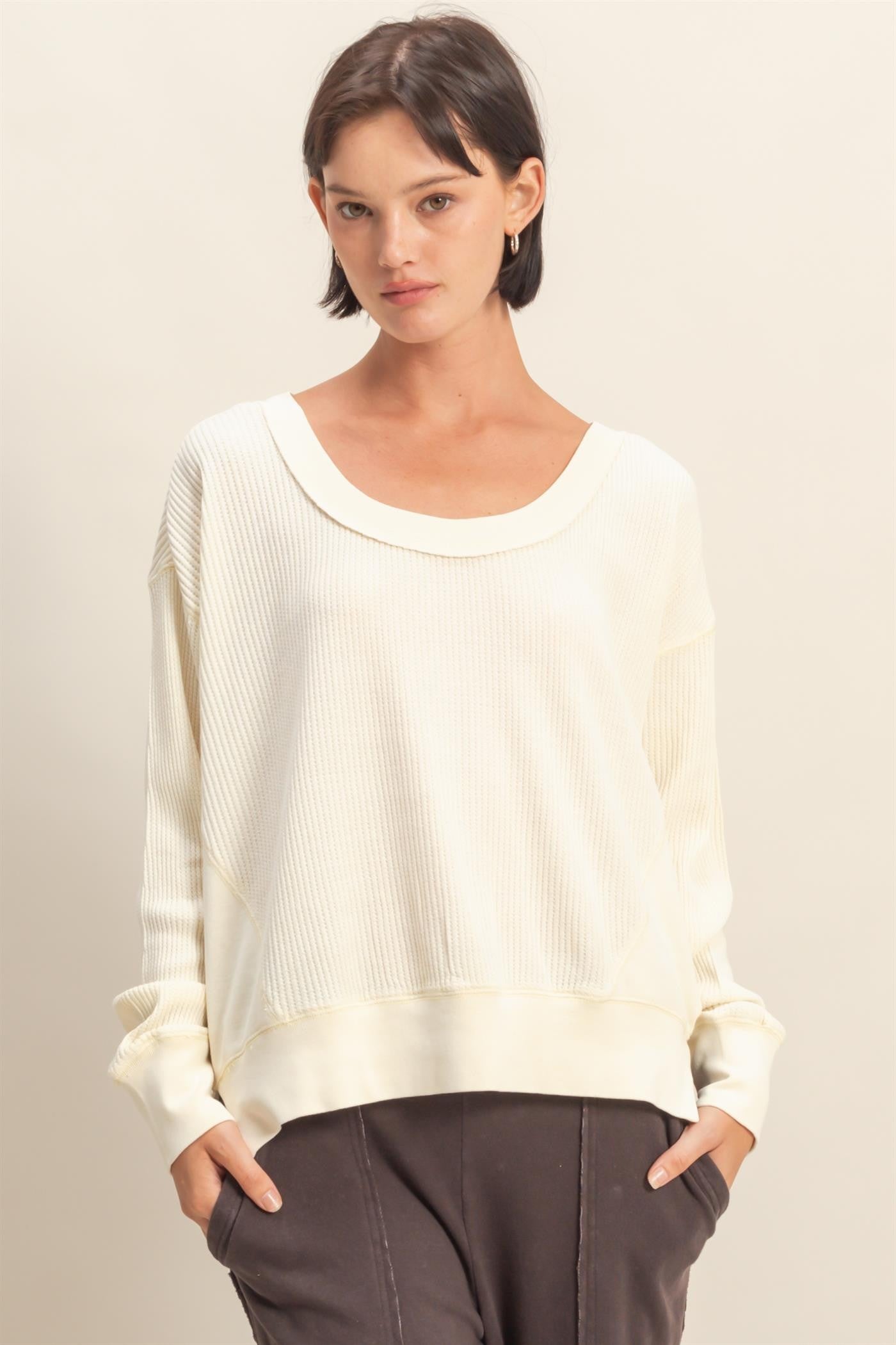 Falling Fast Cream Round Neck Waffle Weave Top