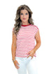 Front view of woman wearing Red Striped Sleeveless Top with white jeans against white studio background.