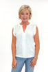 Front view of woman wearing Off White Frill Detail V-Neck Tank with jeans against white studio background.