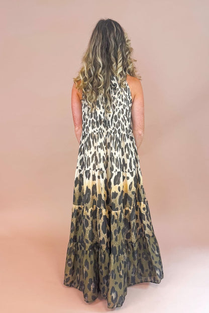 Wild Card Taupe &amp; Brown Tiered Leopard Maxi Dress