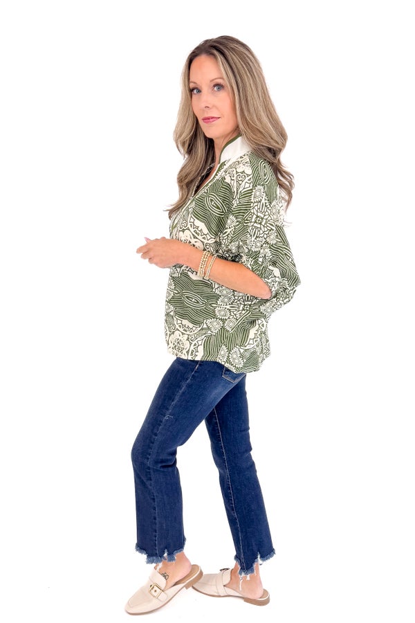 Keep It Cool Olive Abstract Print With V-neck Lining Detail Top by Entro