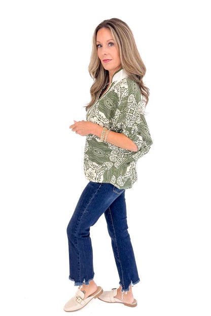 Keep It Cool Olive Abstract Print With V-neck Lining Detail Top by Entro