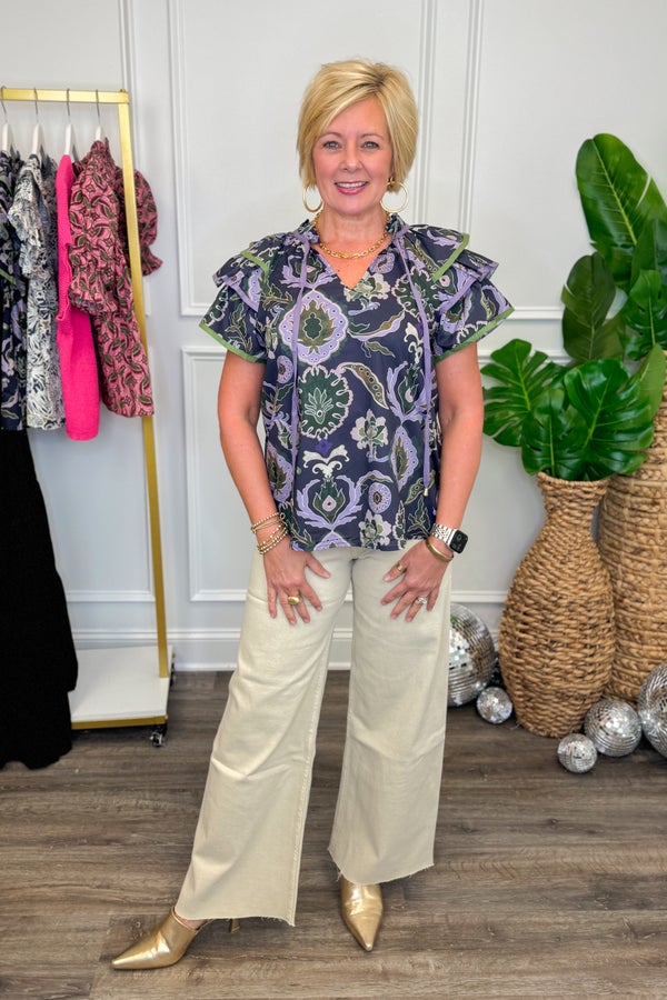 Purple &amp; Multi Printed Flutter Sleeve Top by Intro
