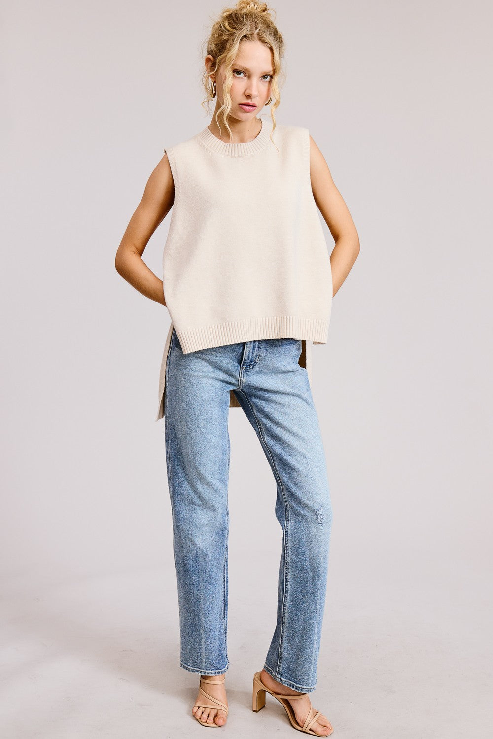 Faded Sunlight Oatmeal Hi-Low Sleeveless Sweater
