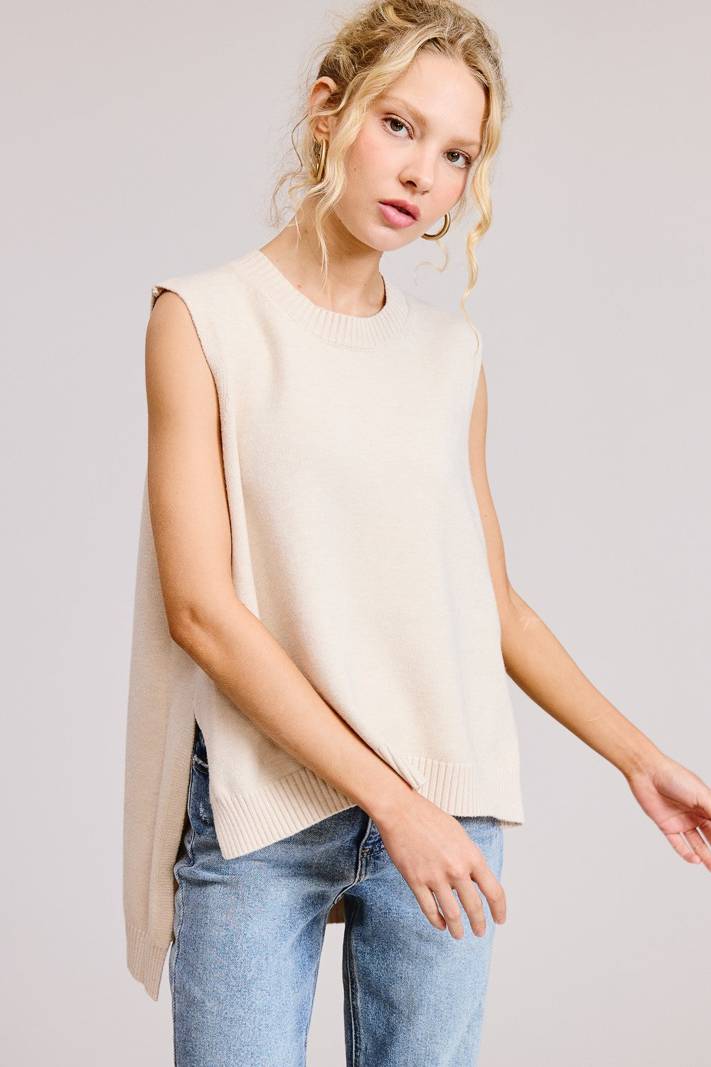 Faded Sunlight Oatmeal Hi-Low Sleeveless Sweater