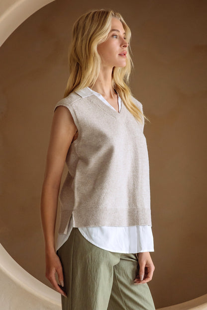 Just Like That Beige &amp; Cream Mixed Media Shirt Vest by Skies Are Blue