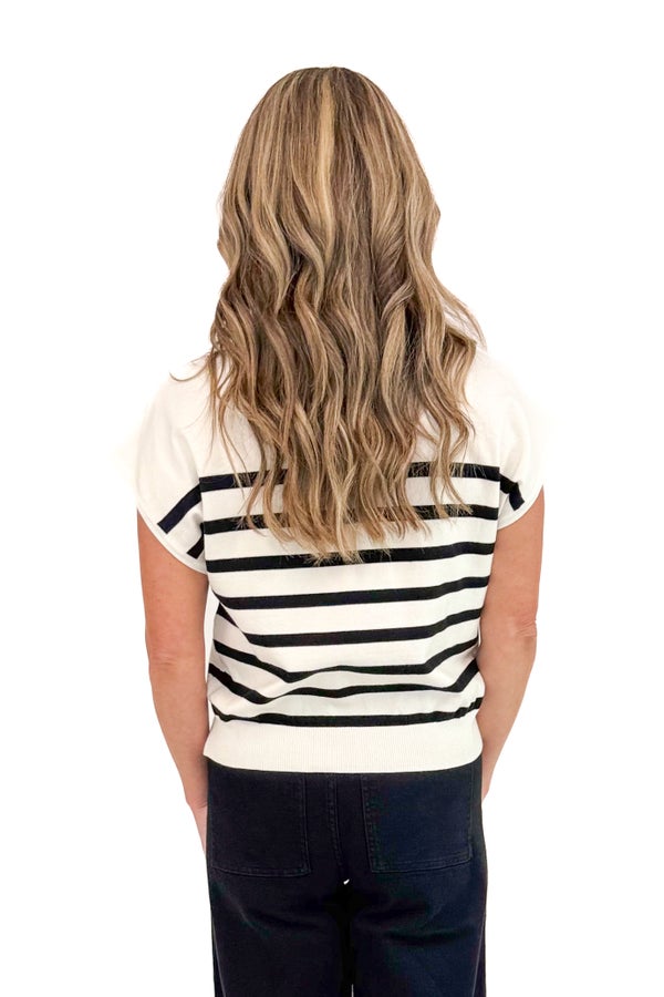 Let It Linger Black &amp; White Striped Mock Neck Short Sleeve Sweater