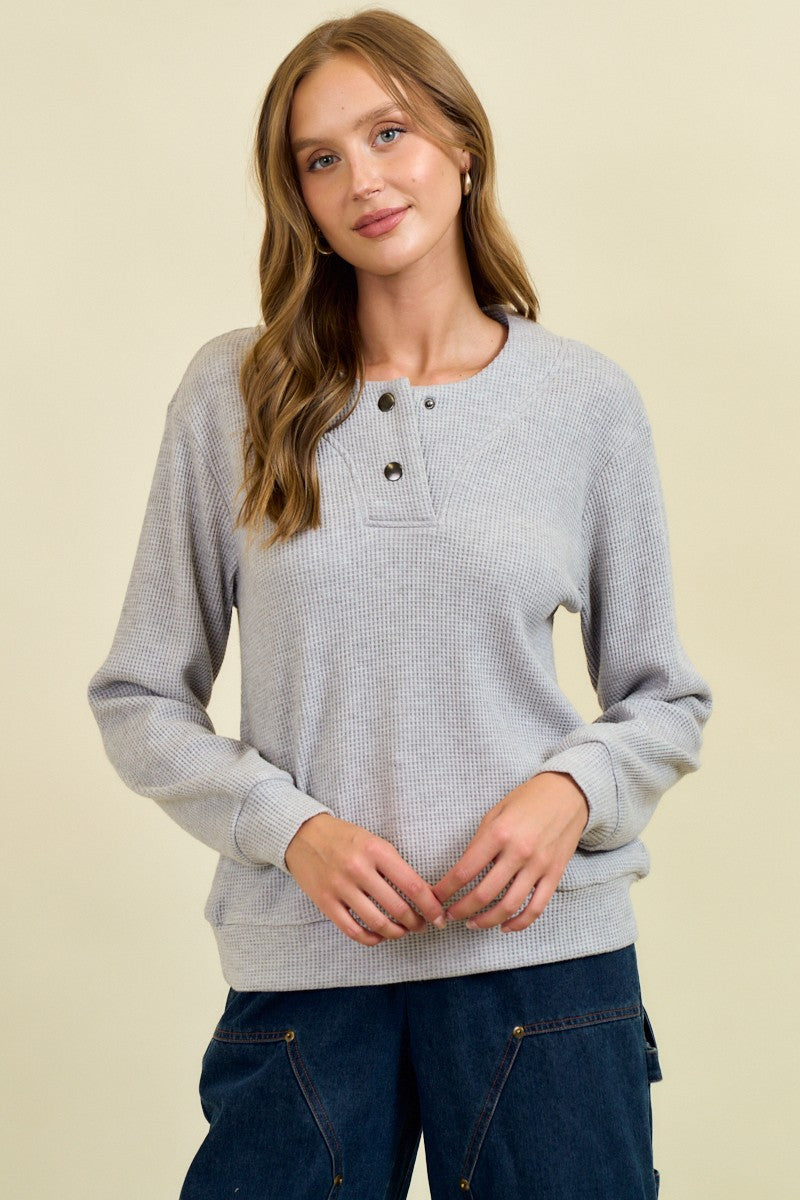 Head In The Clouds Grey Waffle Weave Button Detail Top by Doe &amp; Rae
