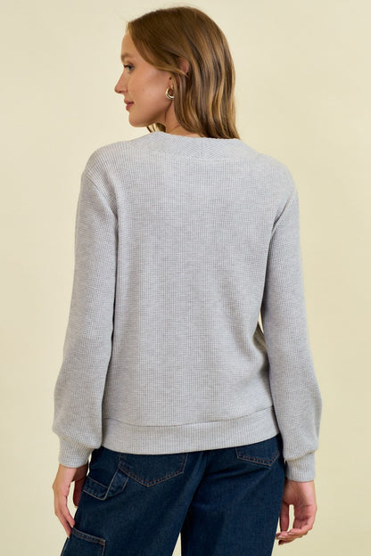 Head In The Clouds Grey Waffle Weave Button Detail Top by Doe &amp; Rae
