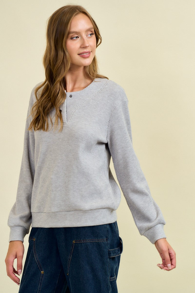Head In The Clouds Grey Waffle Weave Button Detail Top by Doe &amp; Rae