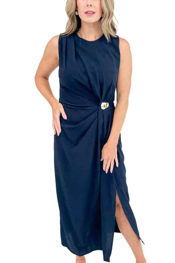Good To The Last Drop Navy Pleat Detail With Gold Accent Midi Dress by Entro