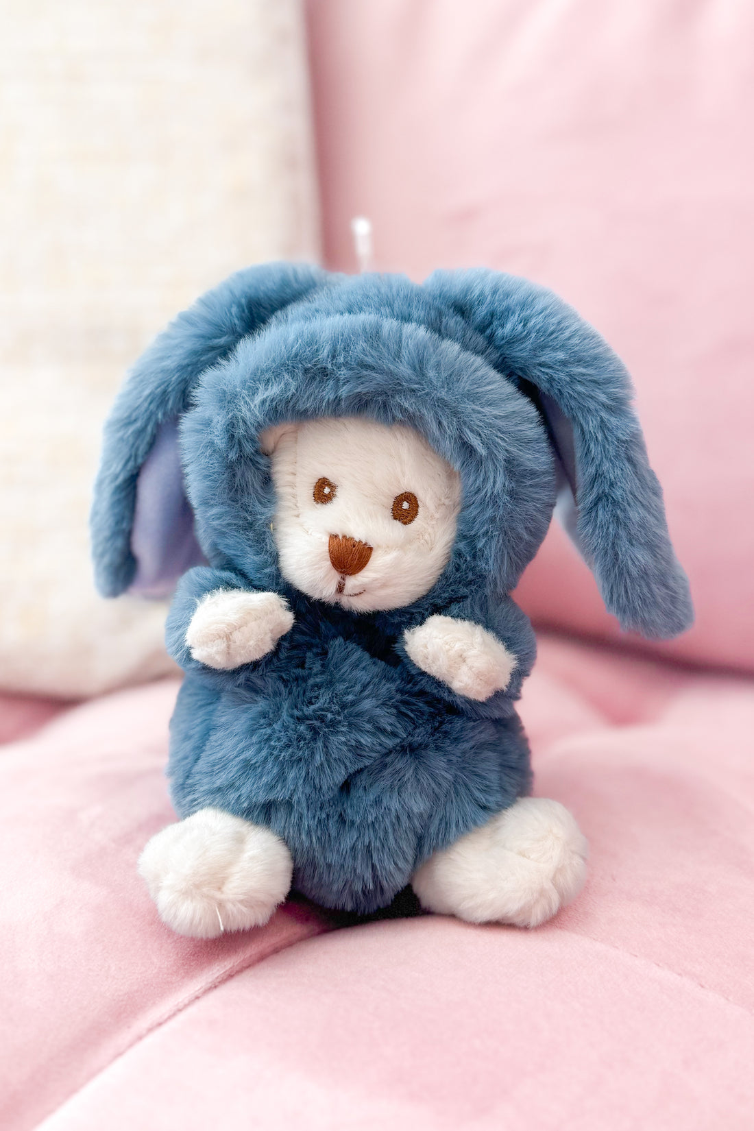Stuffed animal in a blue bunny costume sitting on a pink surface