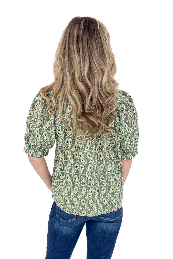 Olive Floral Printed V-neck Top