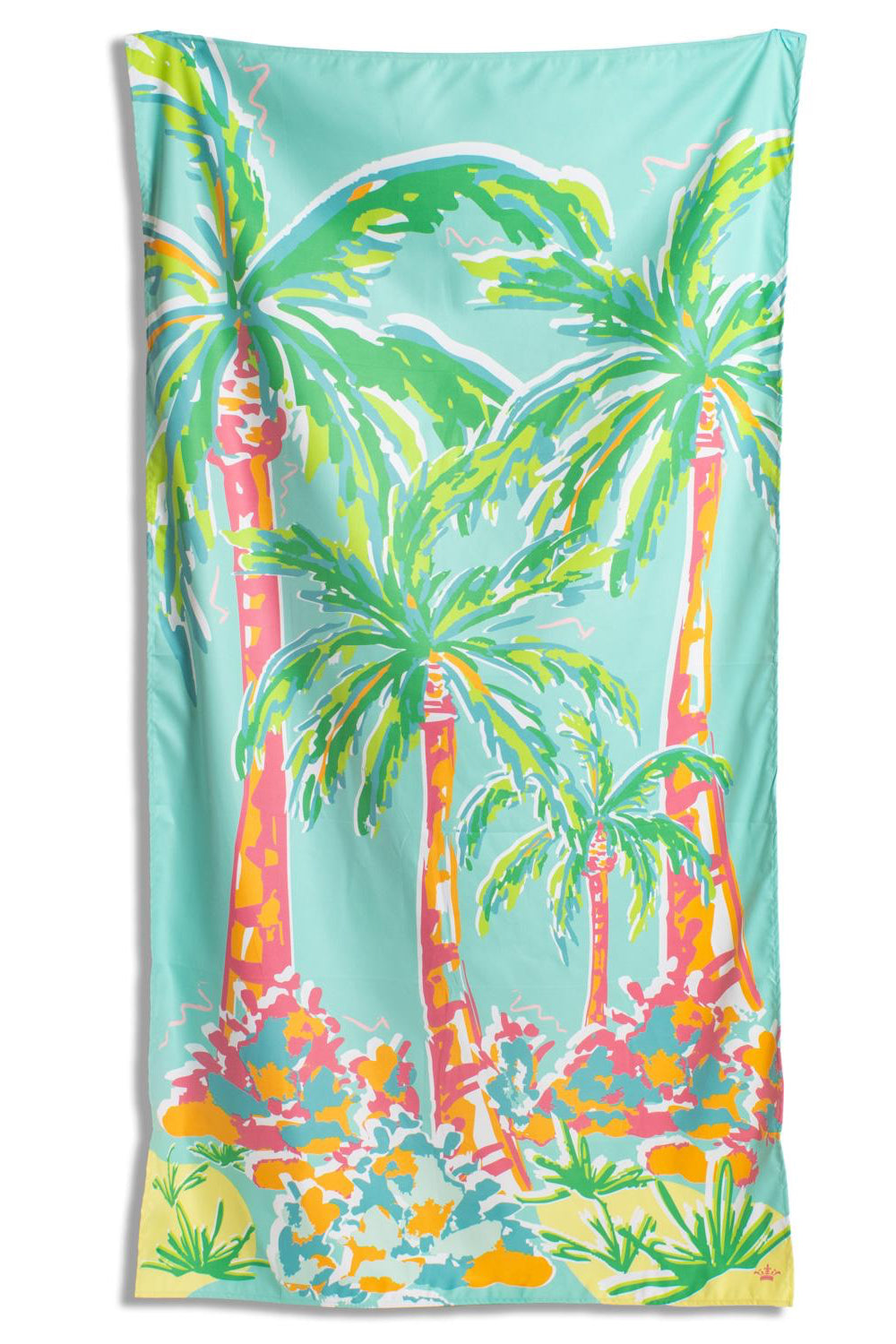 Colorful beach towel with palm tree design on a white background