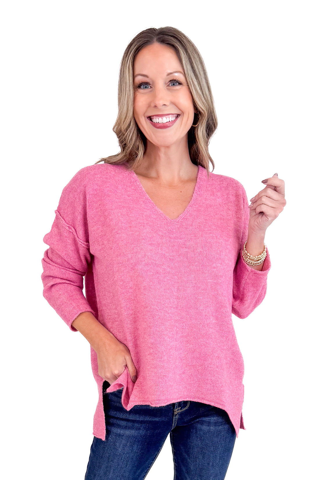 Forever Mood Pink Heathered V-neck Sweater by PINCH