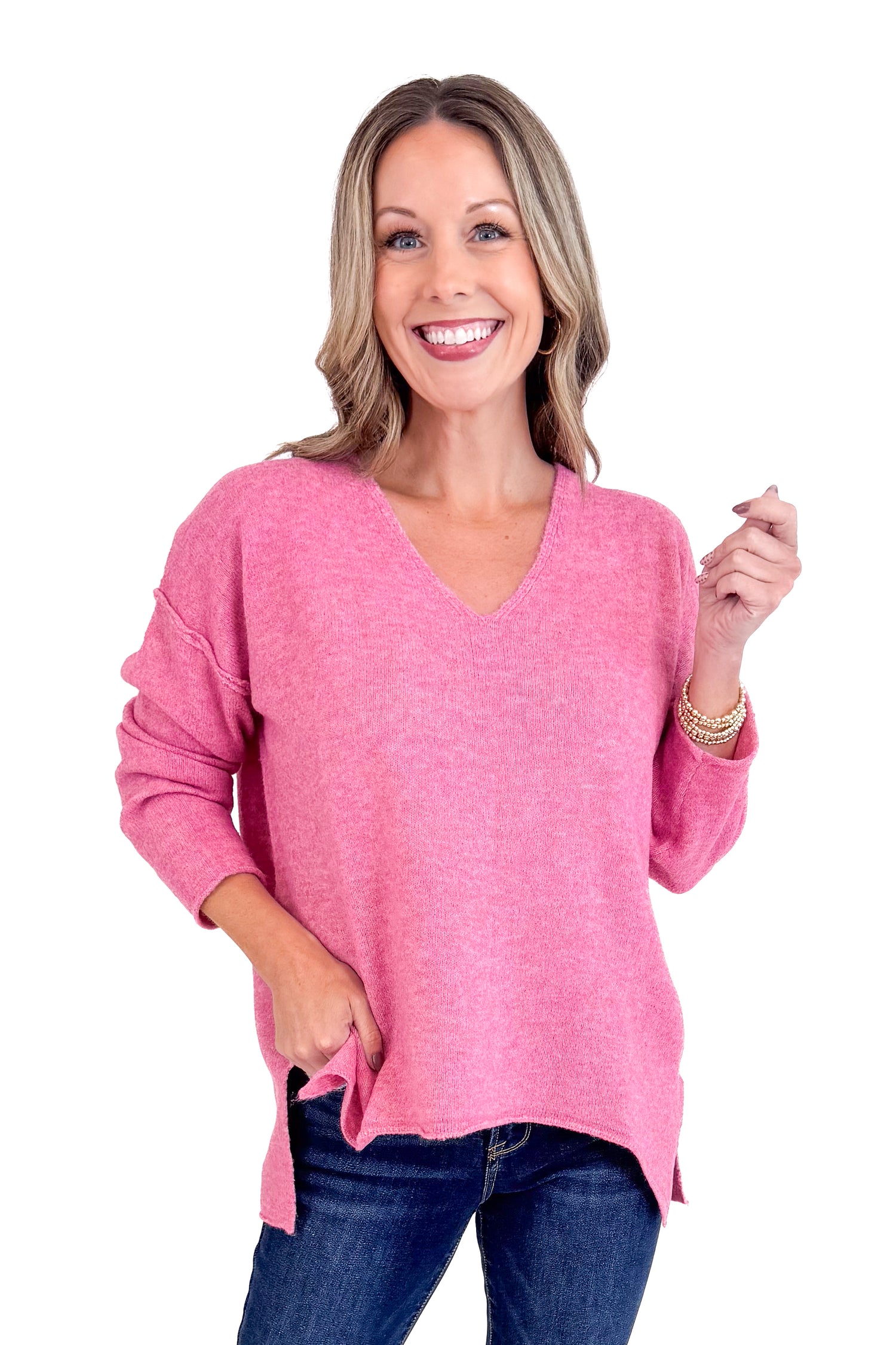 Forever Mood Pink Heathered V-neck Sweater by PINCH