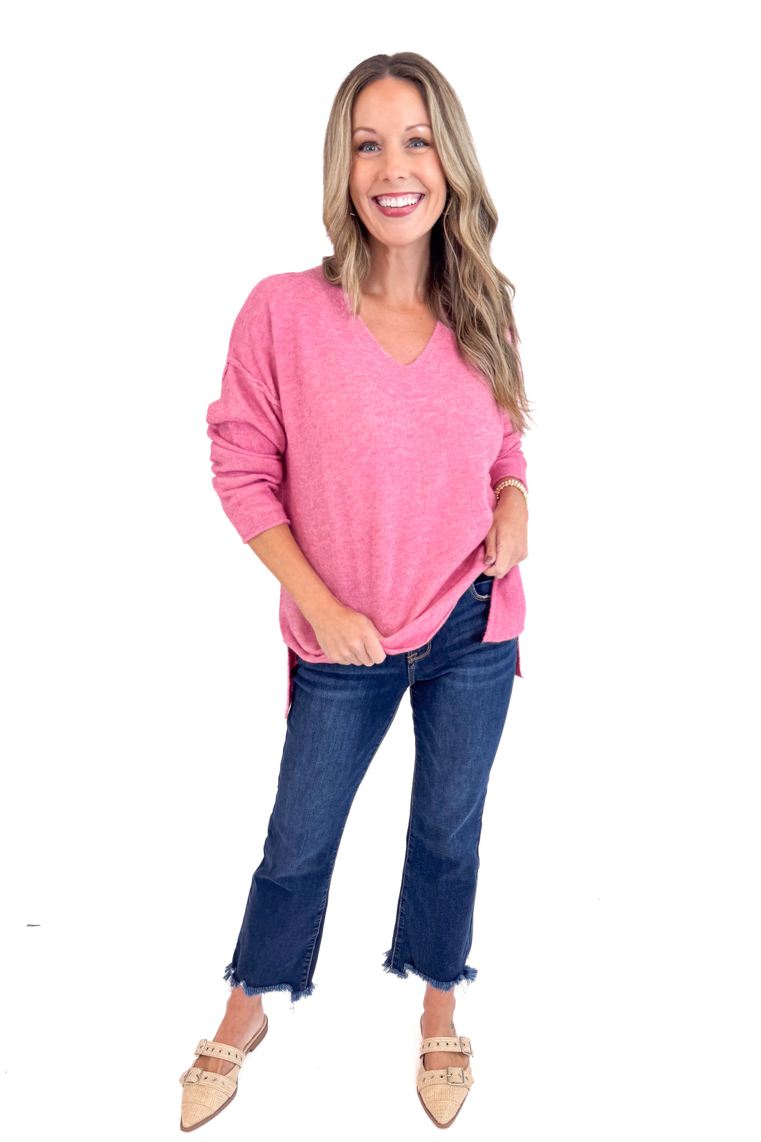 Forever Mood Pink Heathered V-neck Sweater by PINCH