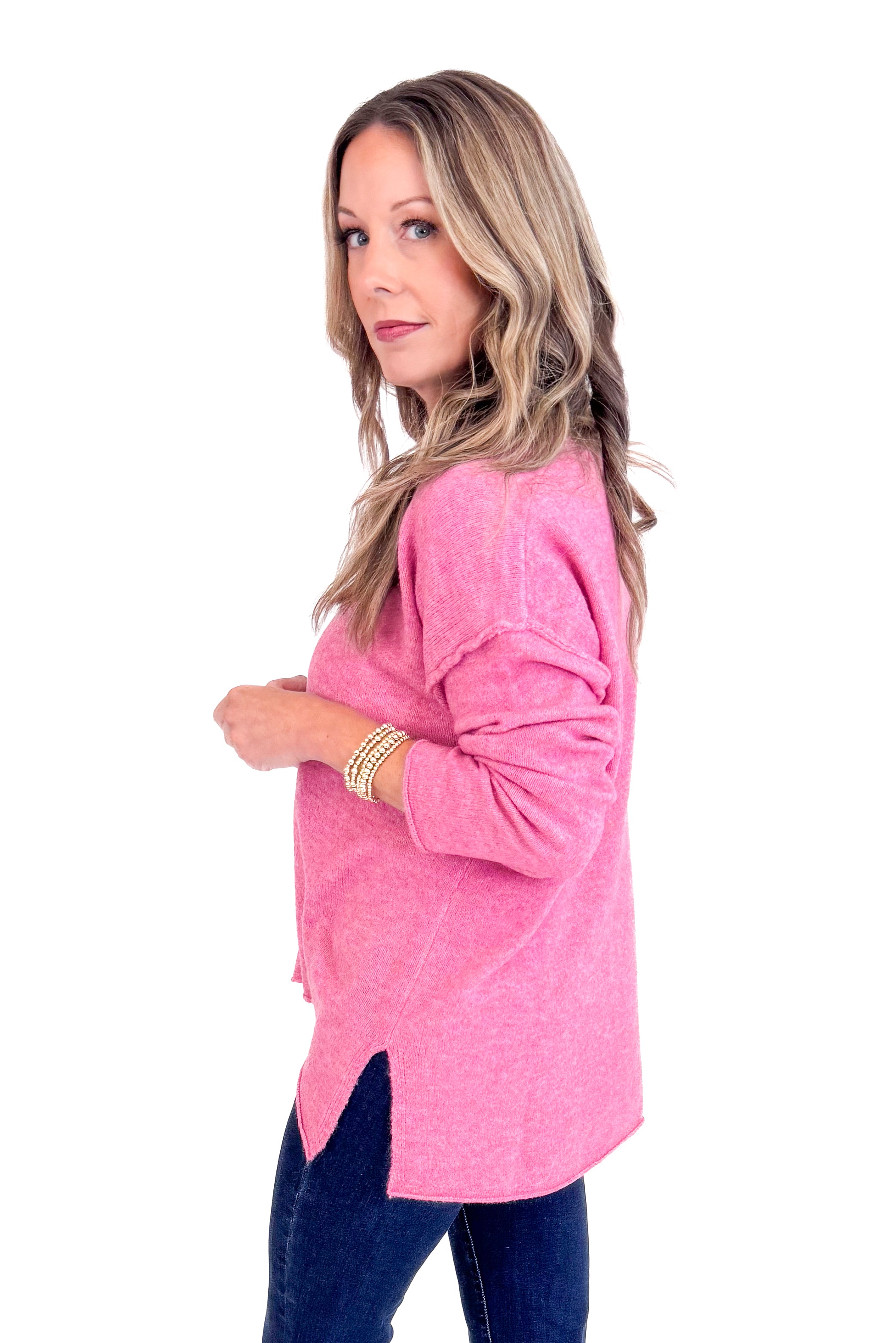 Forever Mood Pink Heathered V-neck Sweater by PINCH